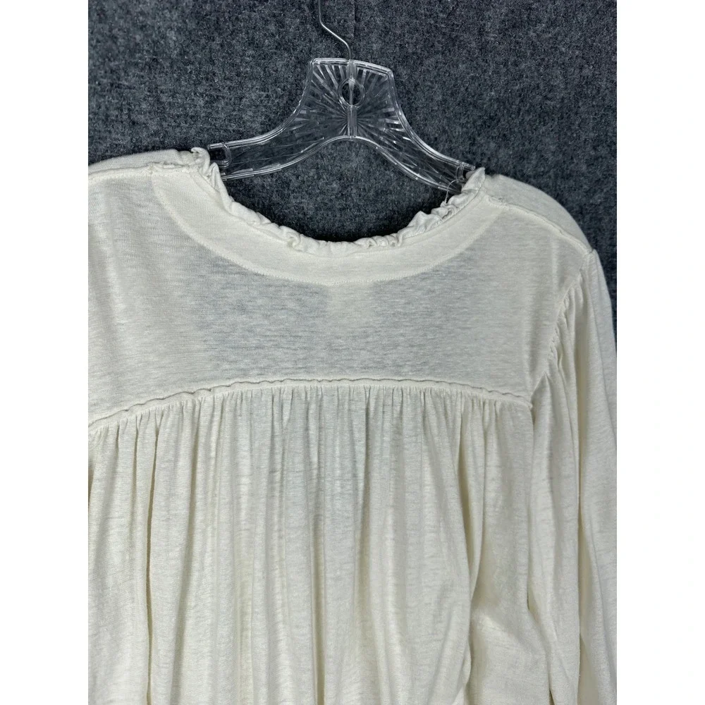 Free People Women Smocked Cuff V Neck Top Medium Boho Slub Knit Ivory White - Picture 6 of 12